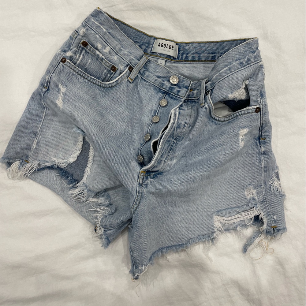 Agolde denim patchwork high rise shorts
